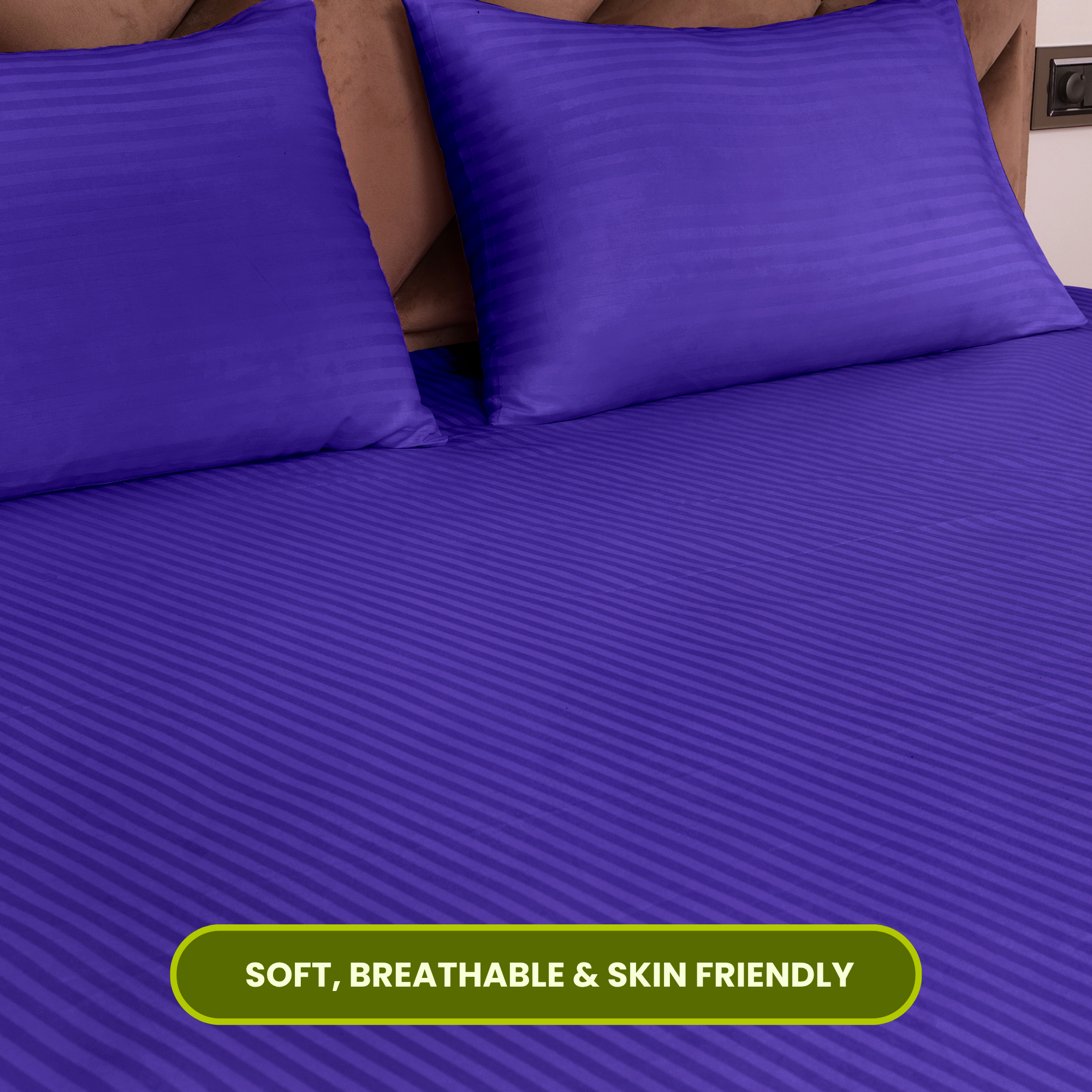 Navy Blue Satin Stripe Flat Bedsheet with Pillow Cover