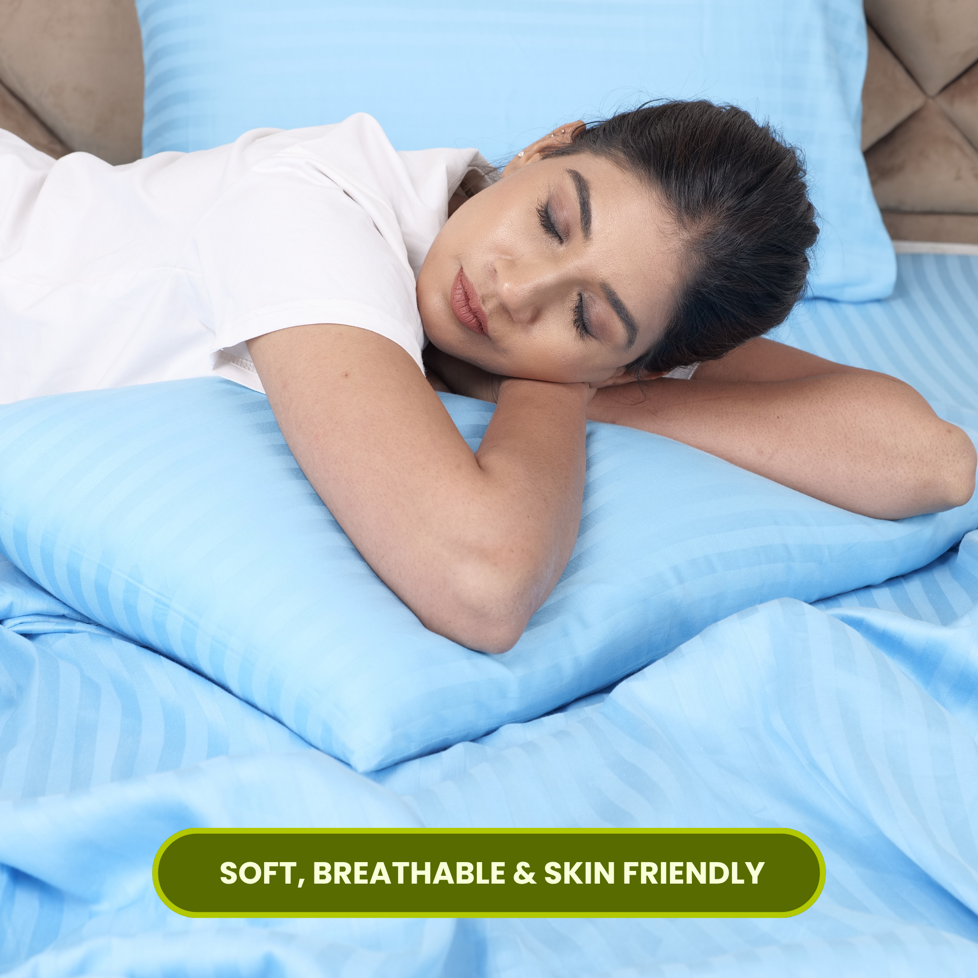 Sky Blue Satin Stripe Fitted Bedsheet with Pillow Cover