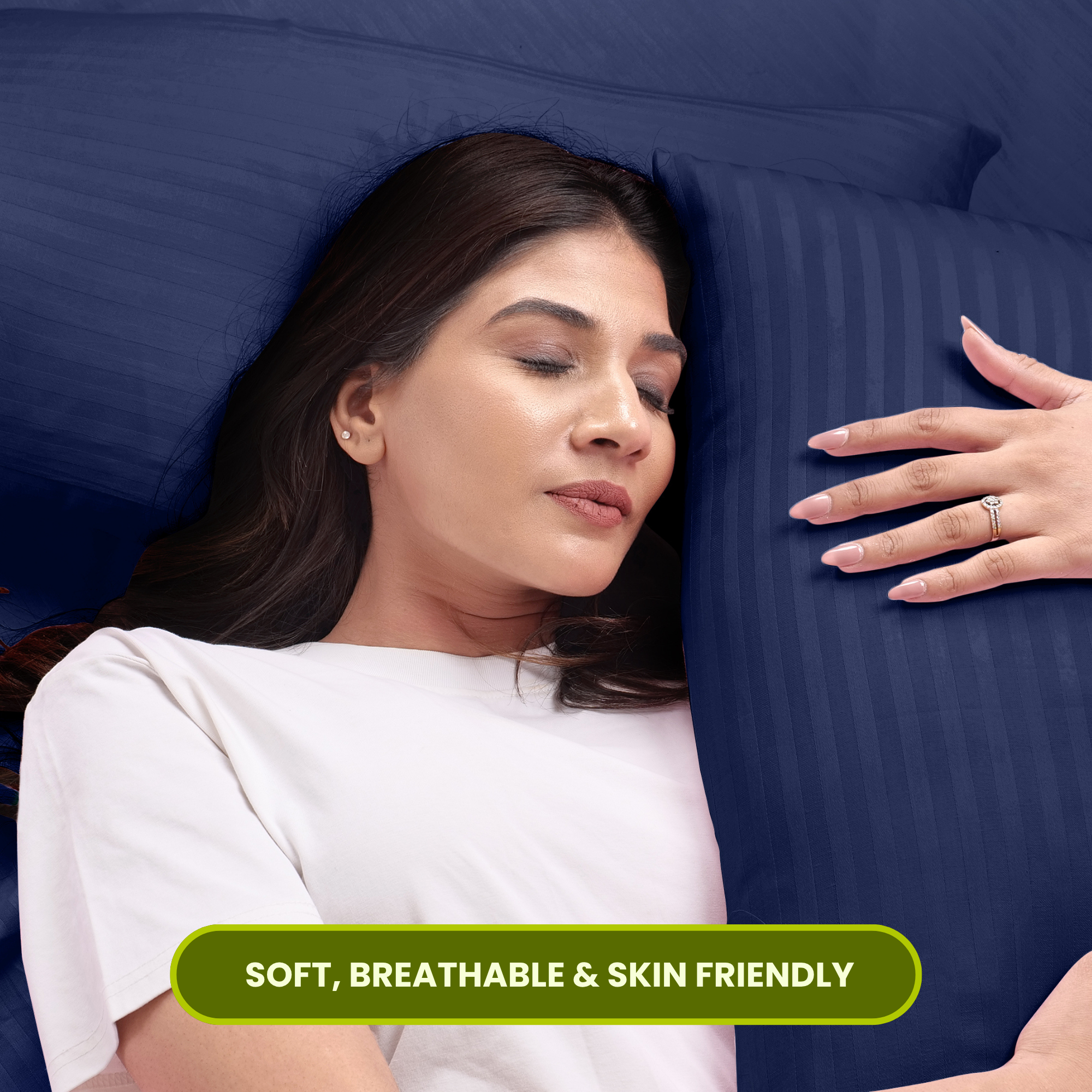 Dark Blue Satin Stripe Fitted Bedsheet with Pillow Cover