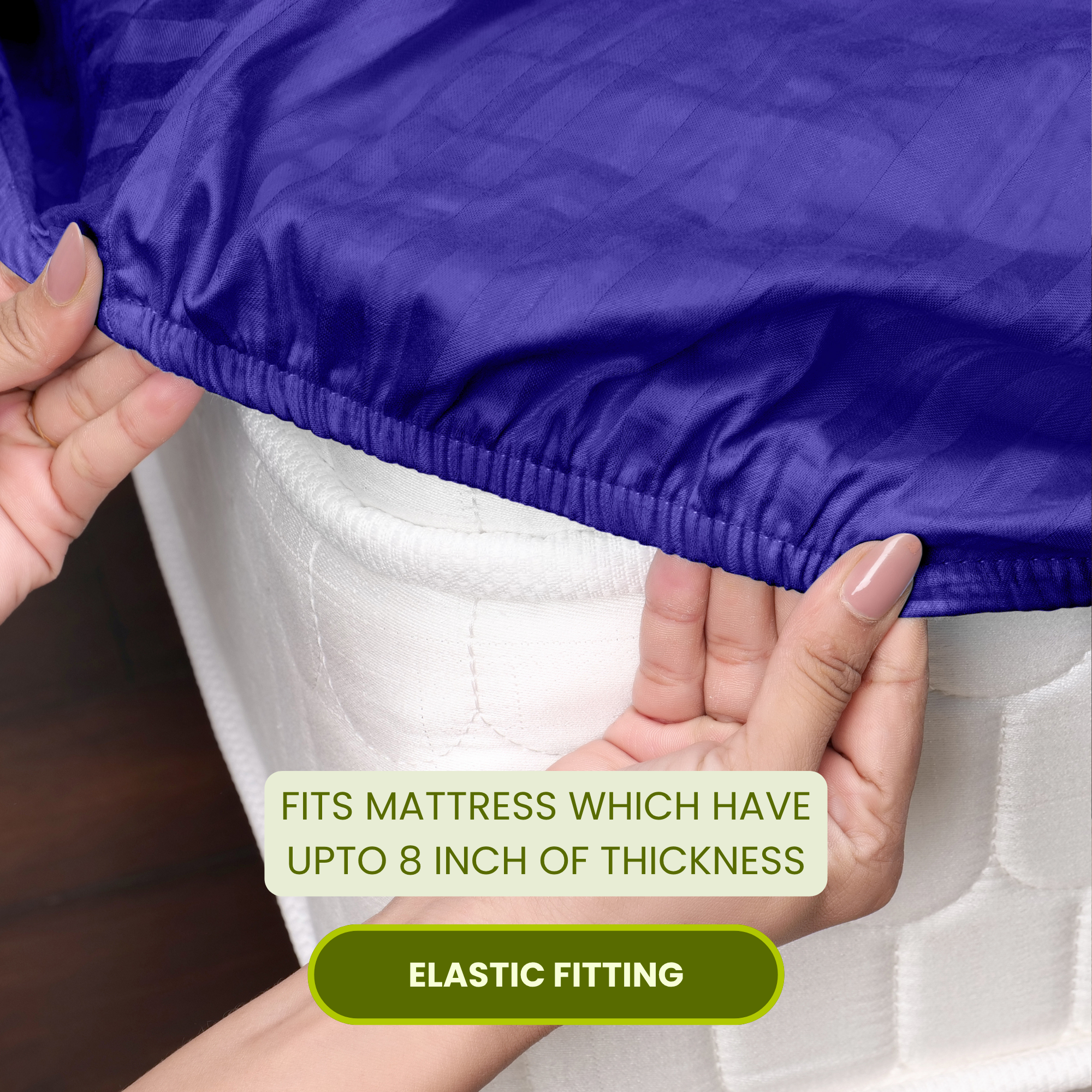 Navy Blue Satin Stripe Fitted Bedsheet with Pillow Cover