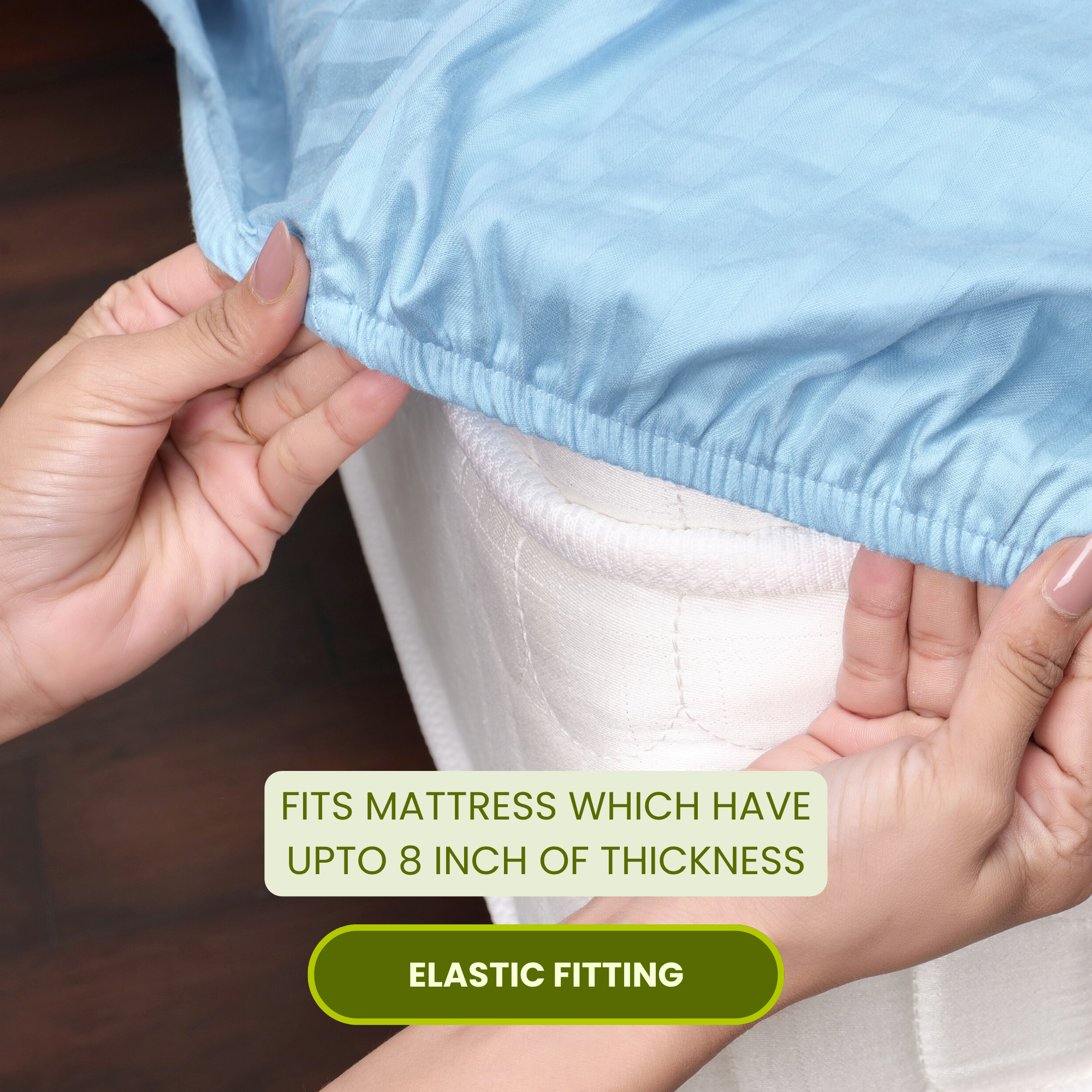 Sky Blue Satin Stripe Fitted Bedsheet with Pillow Cover