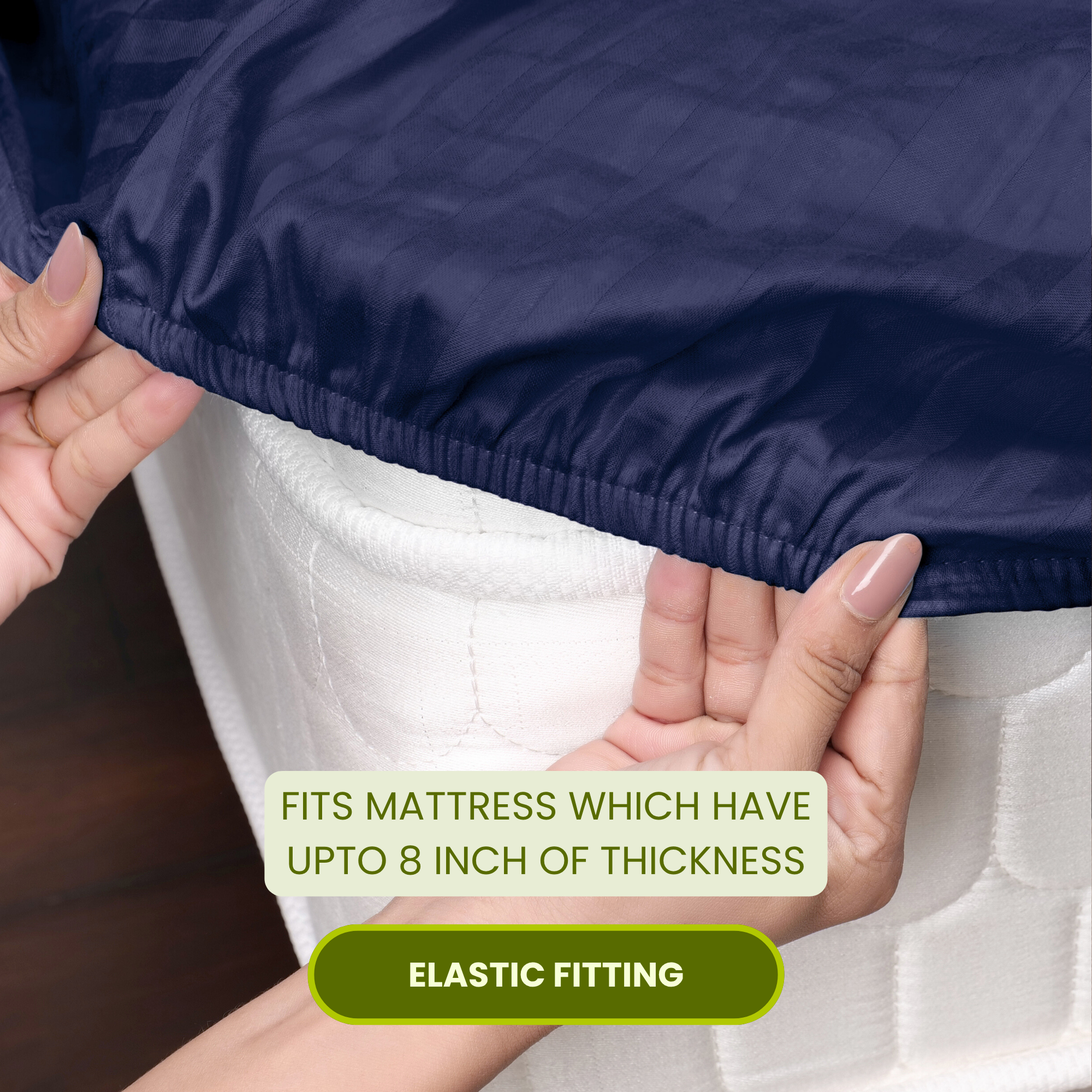 Dark Blue Satin Stripe Fitted Bedsheet with Pillow Cover