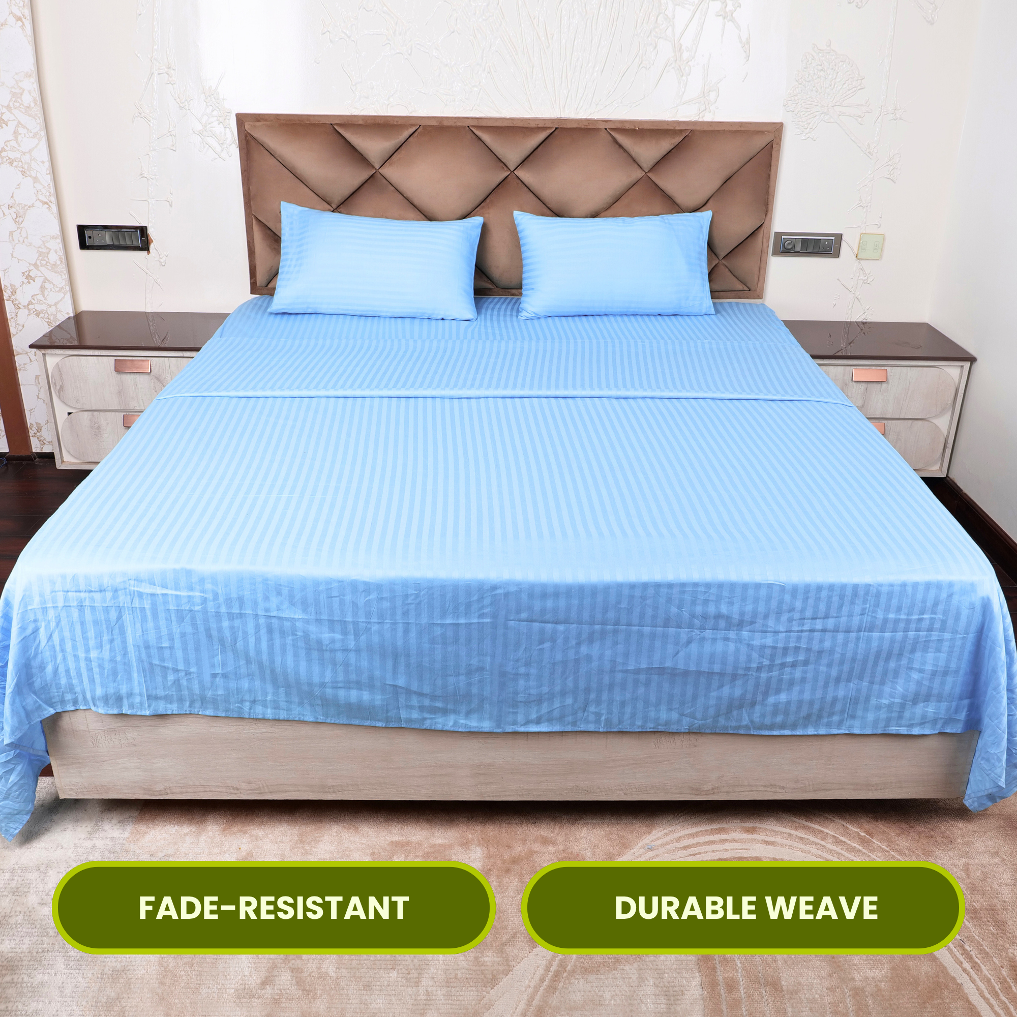 Sky Blue Satin Stripe Flat Bedsheet with Pillow Cover