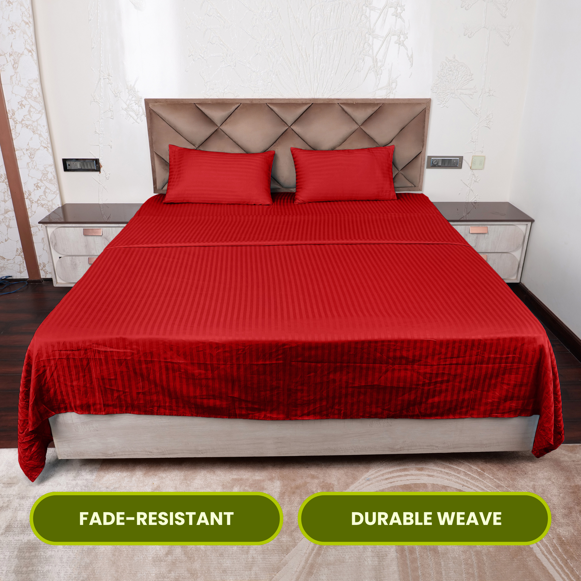 Red Satin Stripe Flat Bedsheet with Pillow Cover