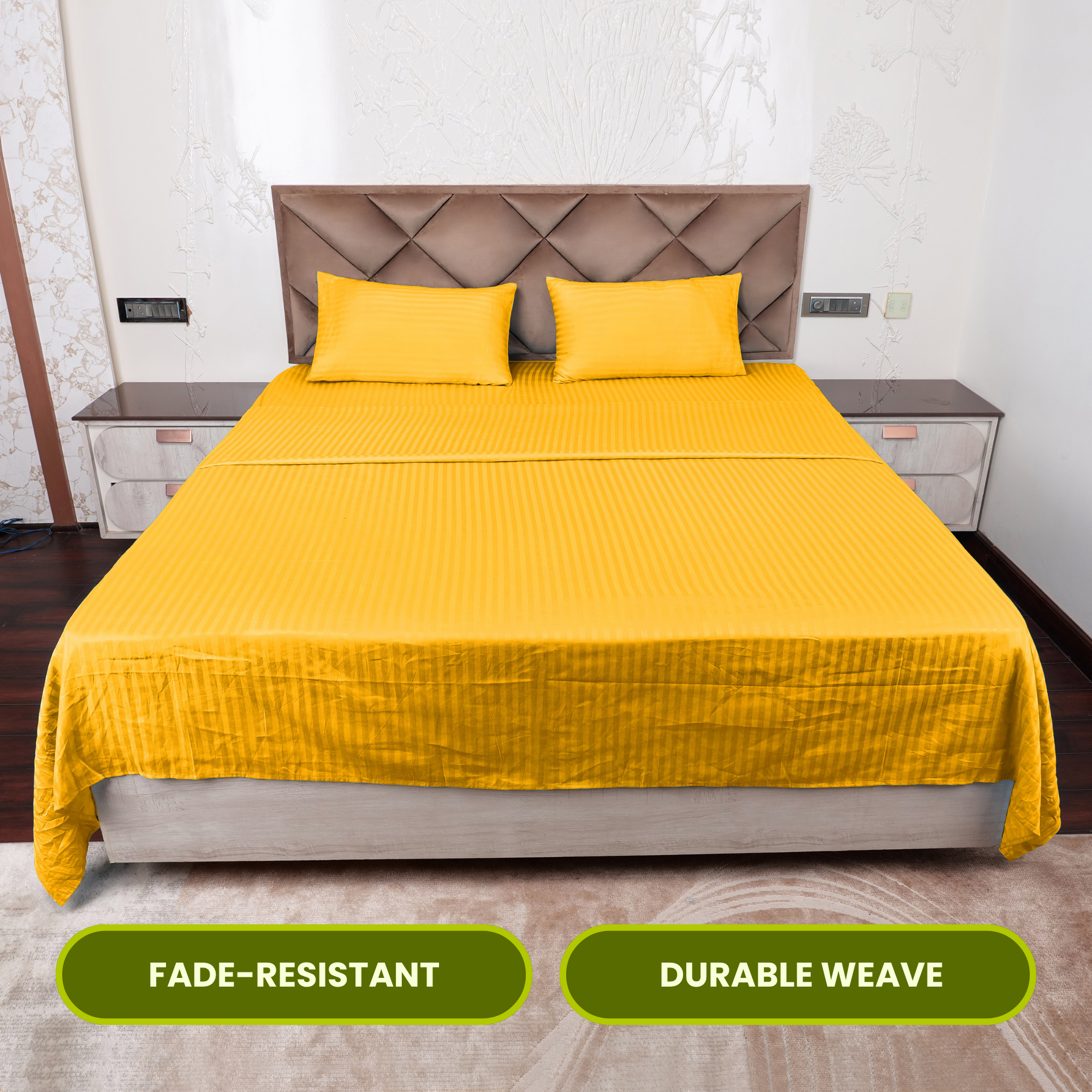 Golden Satin Stripe Flat Bedsheet with Pillow Cover