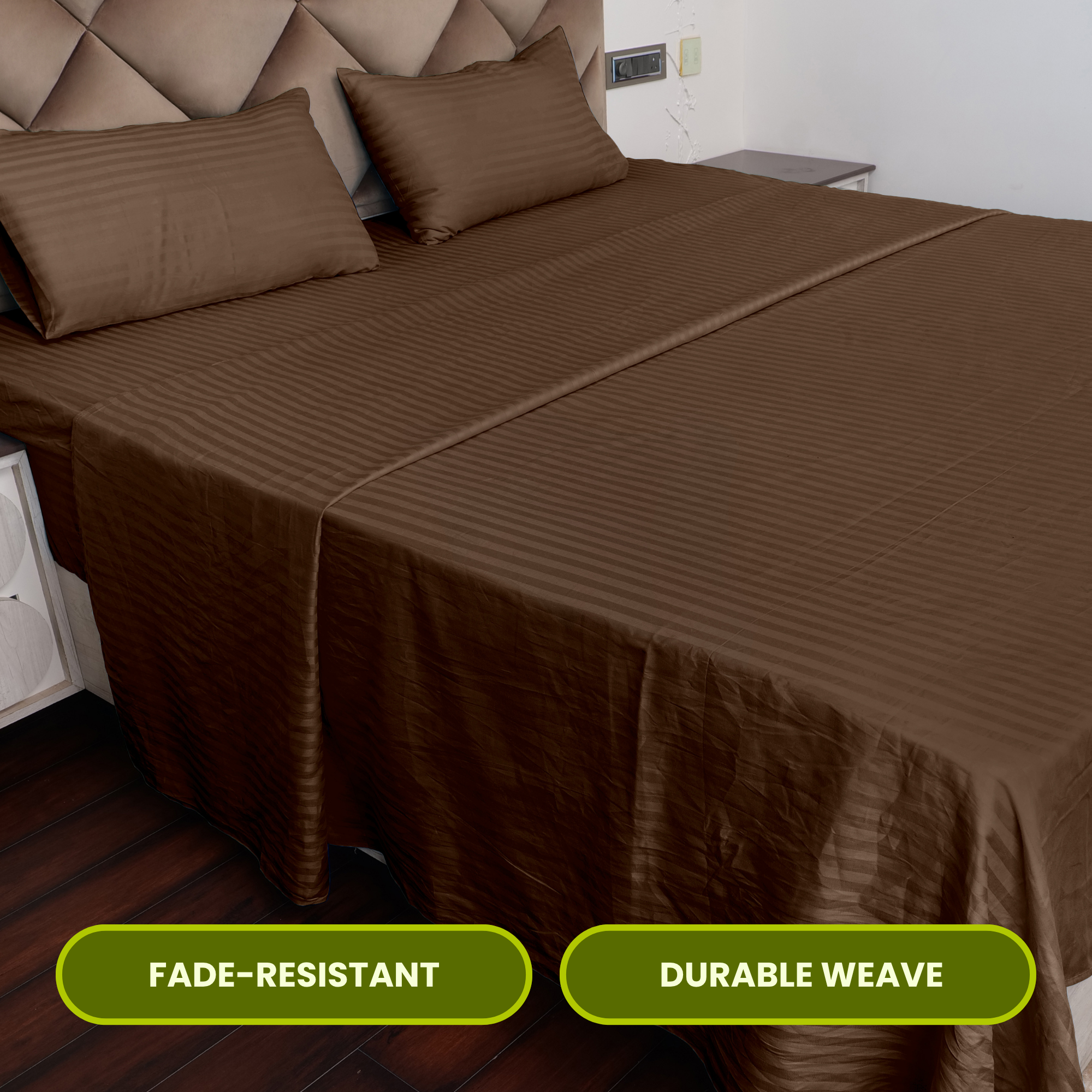 Brown Satin Stripe Flat Bedsheet with Pillow Cover