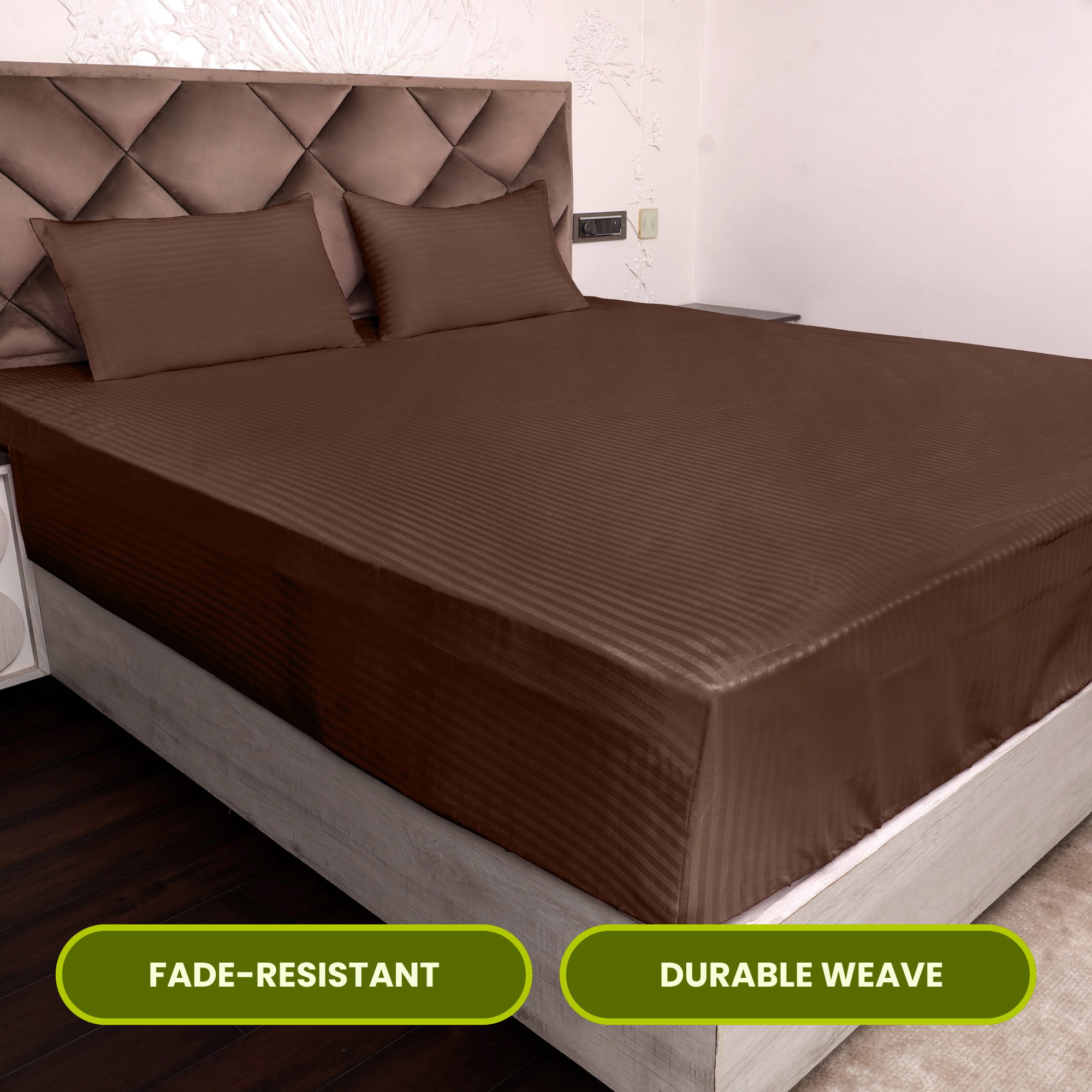 Brown Satin Stripe Fitted Bedsheet with Pillow Cover
