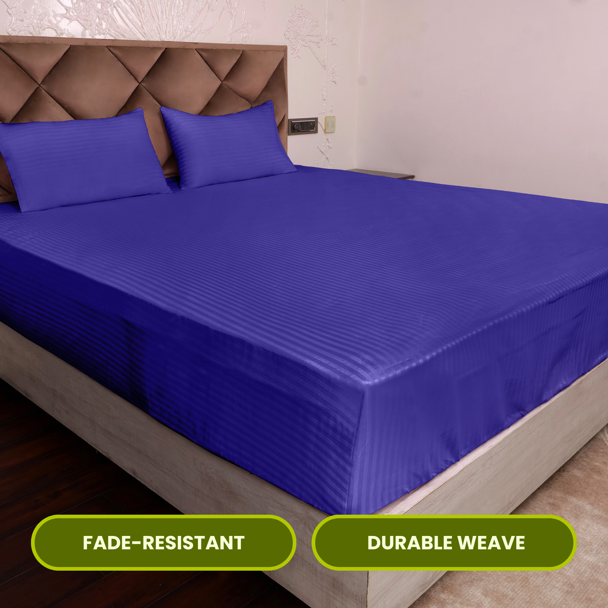 Navy Blue Satin Stripe Fitted Bedsheet with Pillow Cover