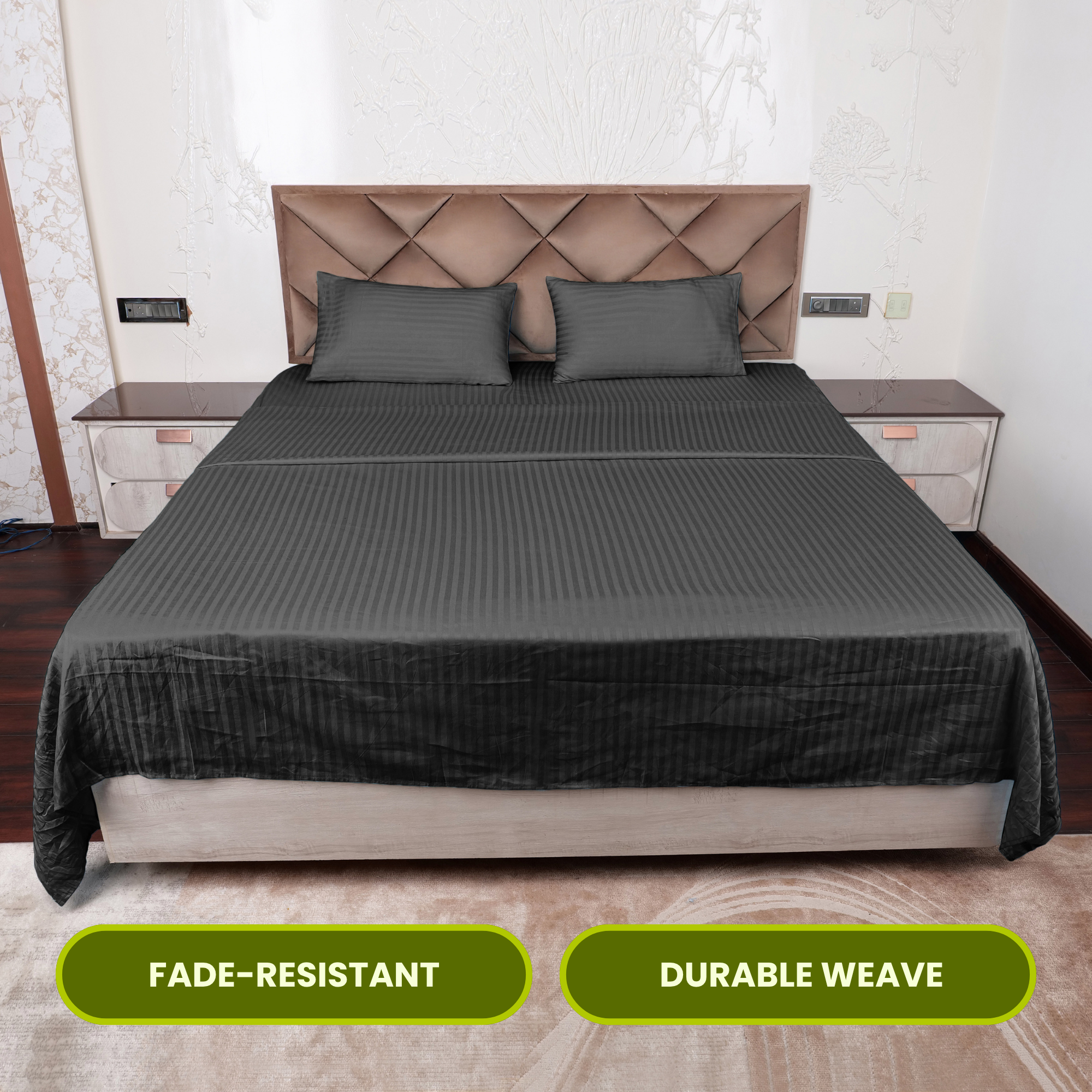 Grey Satin Stripe Flat Bedsheet with Pillow Cover