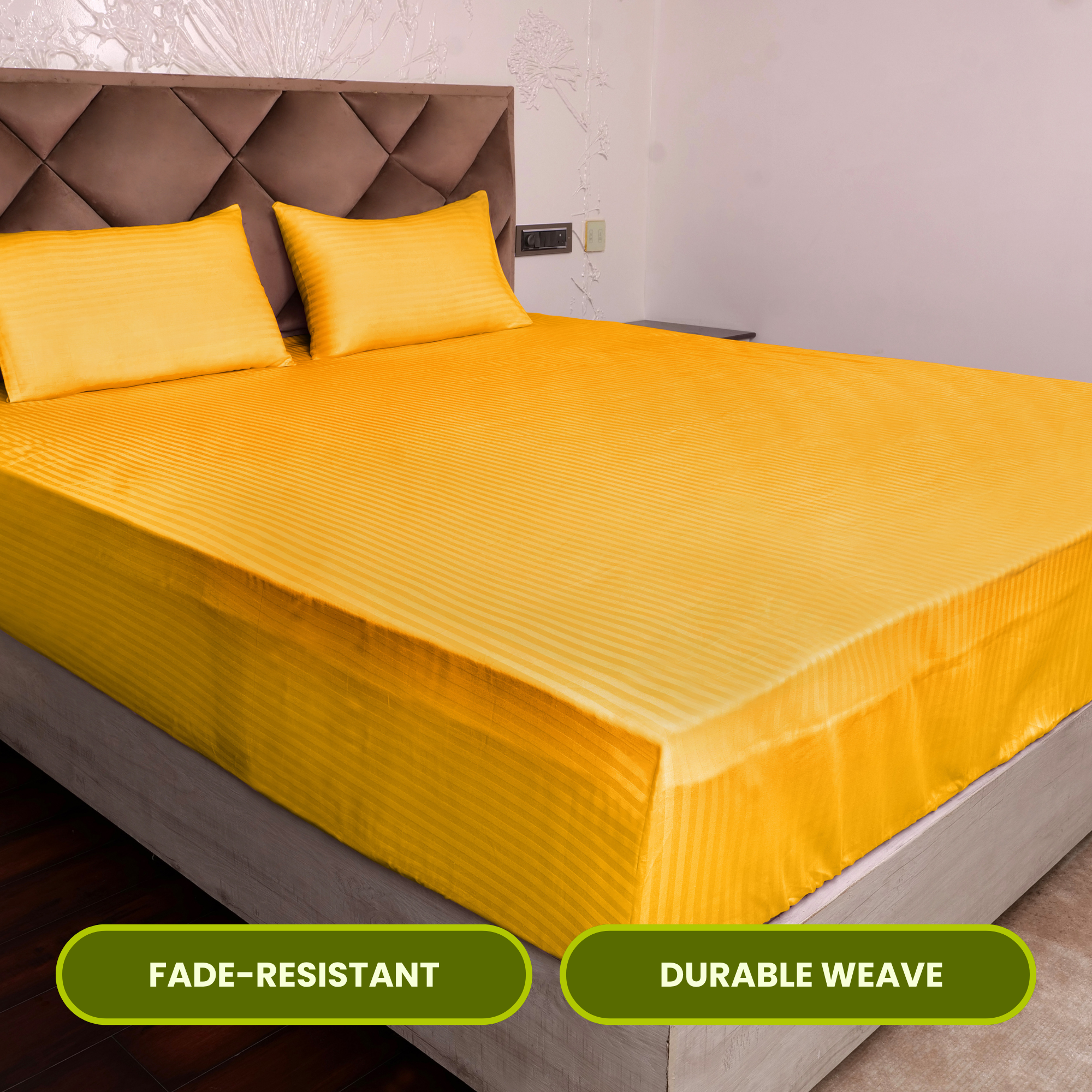 Golden Satin Stripe Fitted Bedsheet with Pillow Cover