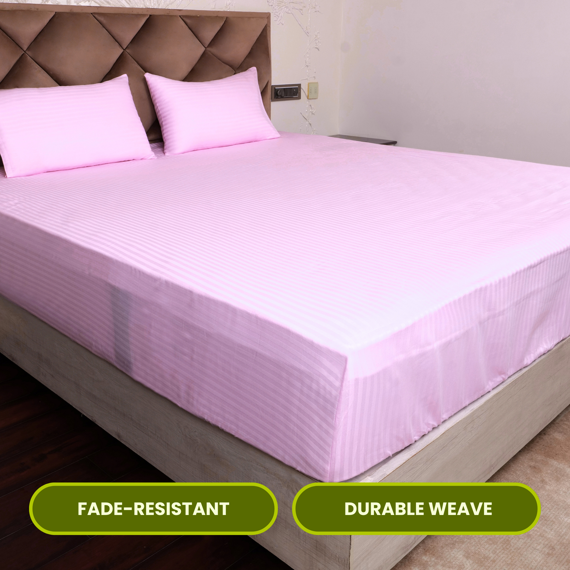 Pink Satin Stripe Fitted Bedsheet with Pillow Cover