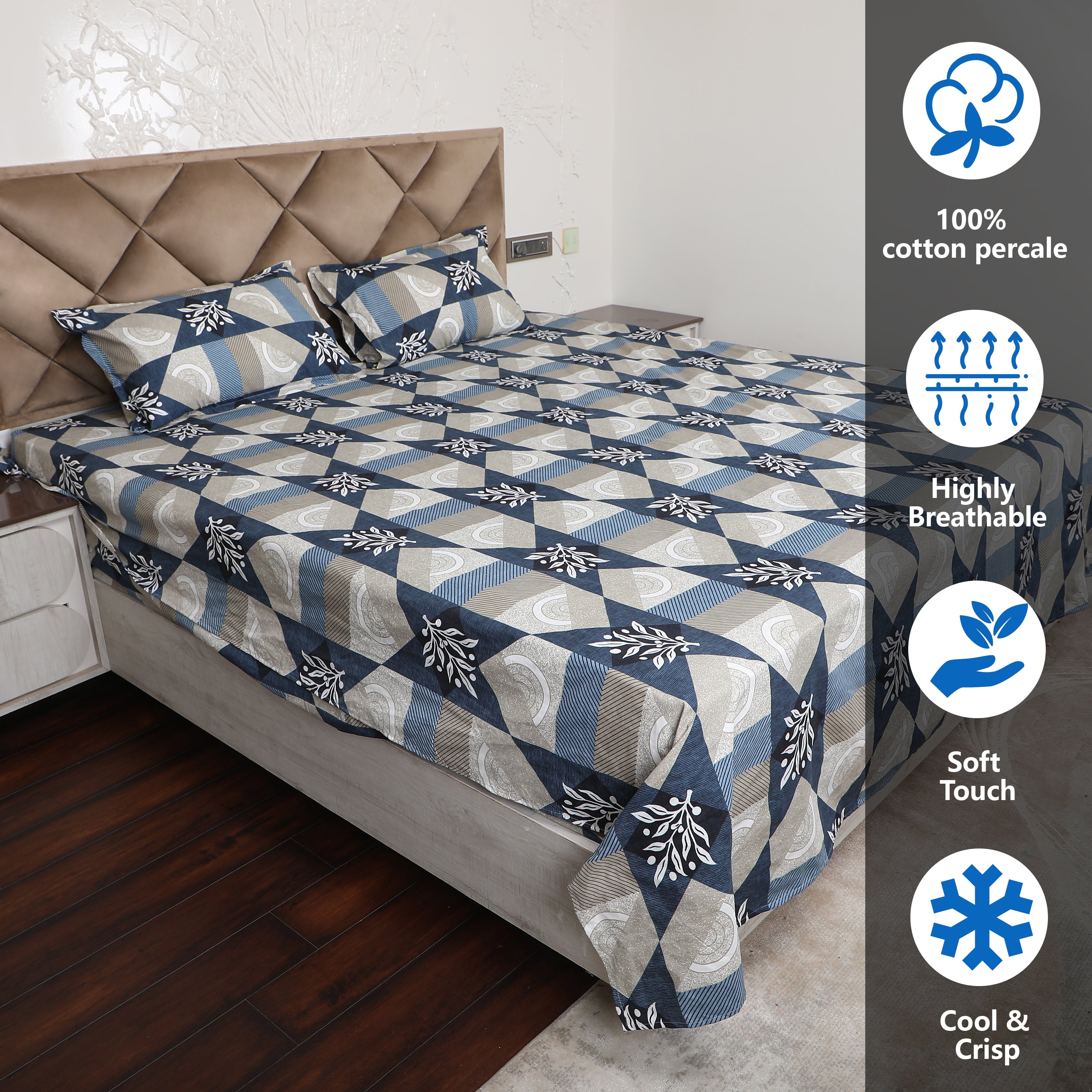 Midnight Blue Polyester Flat Bedsheet with Pillow Cover