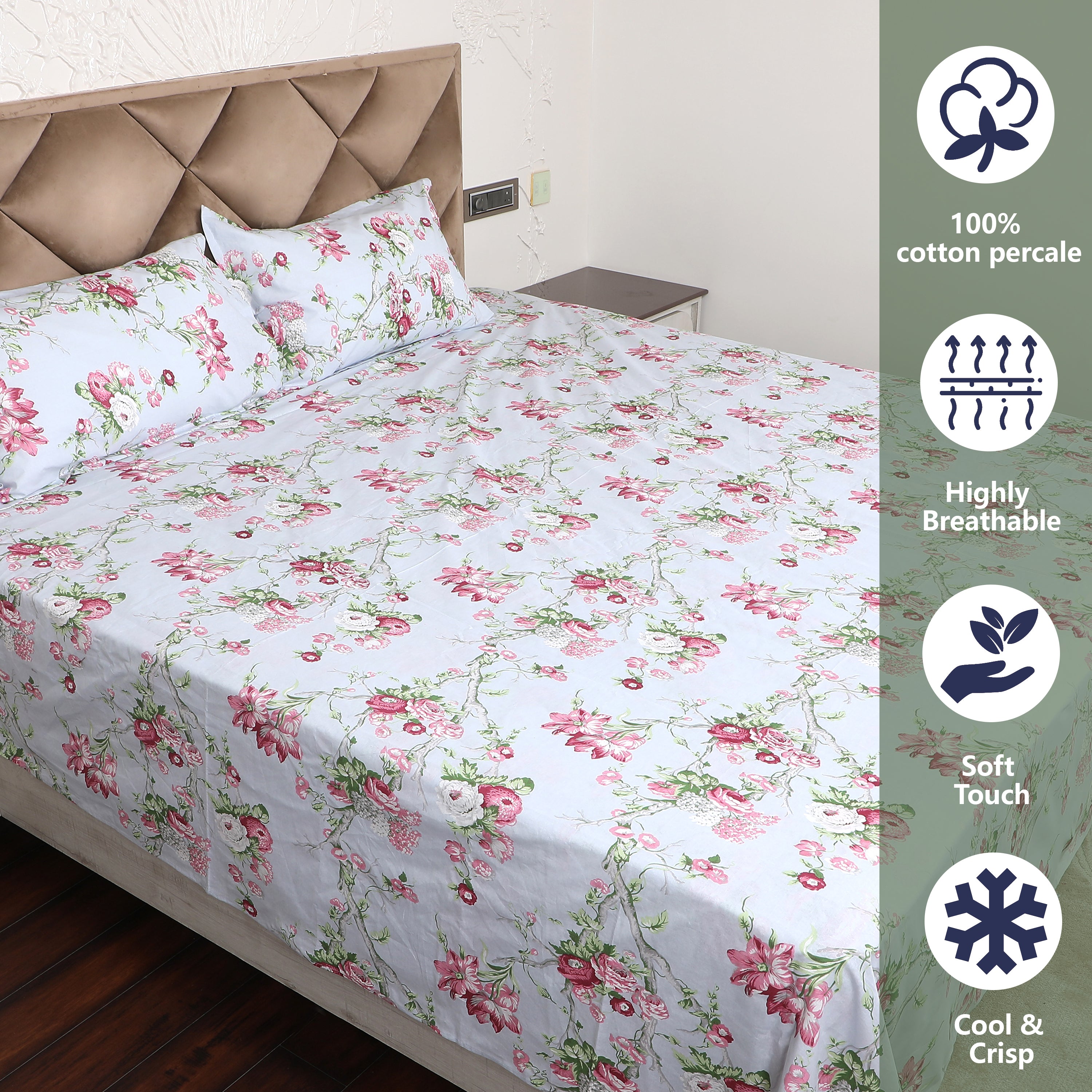 Sakura Bloom 100% Cotton Flat Bedsheet with Pillow Cover