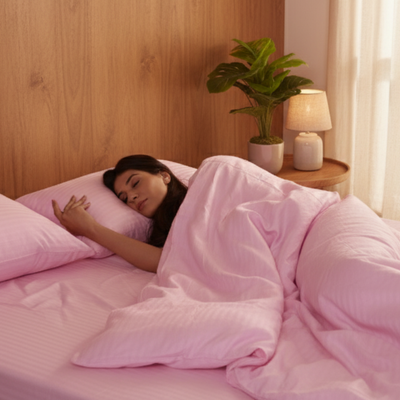 Pink Satin Stripe Fitted Bedsheet with Pillow Cover