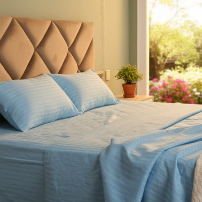 Sky Blue Satin Stripe Fitted Bedsheet with Pillow Cover