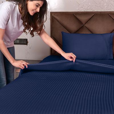 Dark Blue Satin Stripe Fitted Bedsheet with Pillow Cover