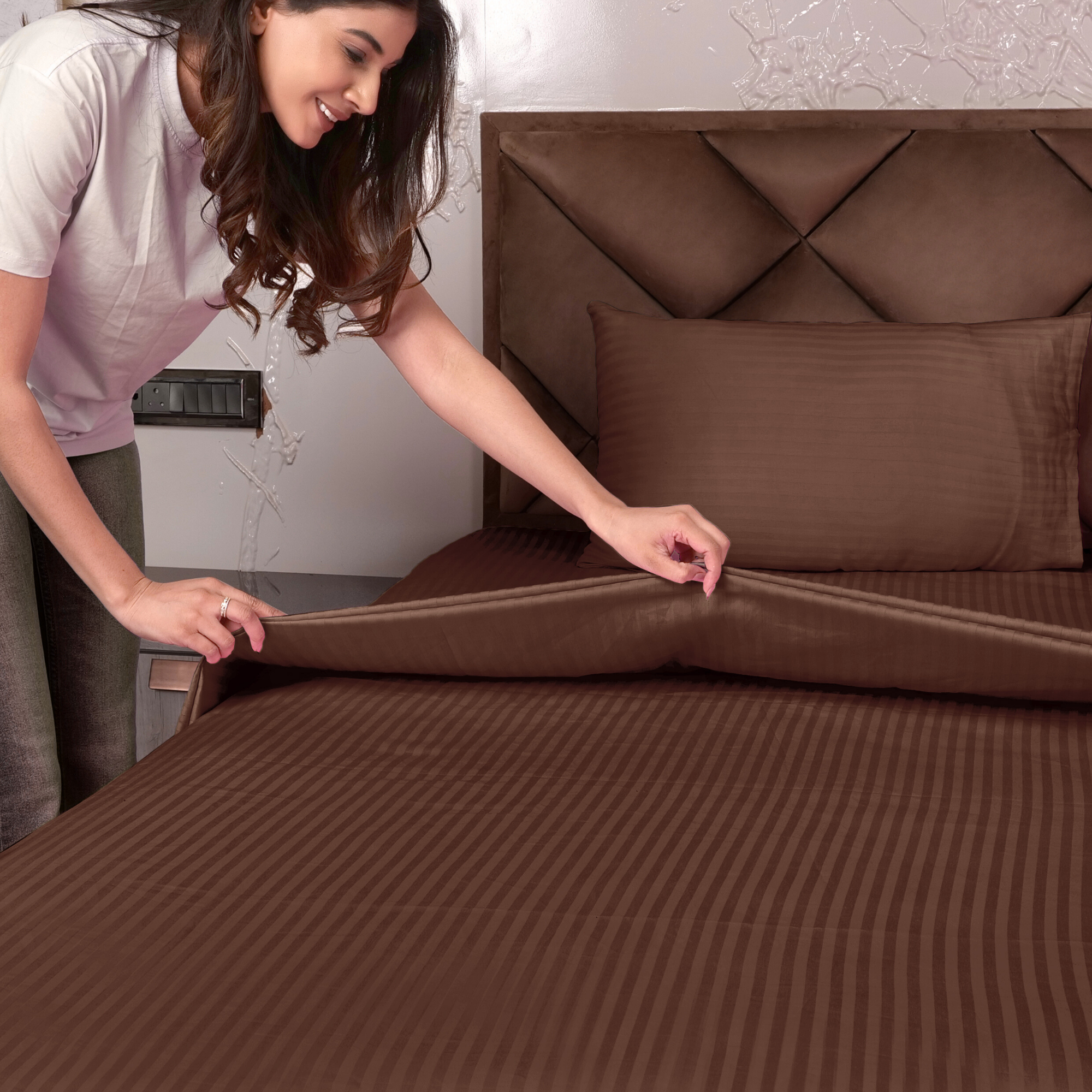 Brown Satin Stripe Fitted Bedsheet with Pillow Cover