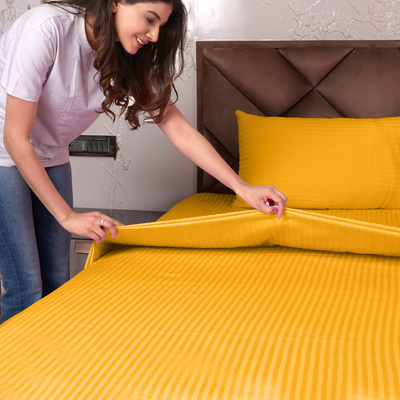 Golden Satin Stripe Fitted Bedsheet with Pillow Cover