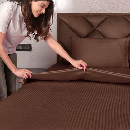 Brown Satin Stripe Flat Bedsheet with Pillow Cover
