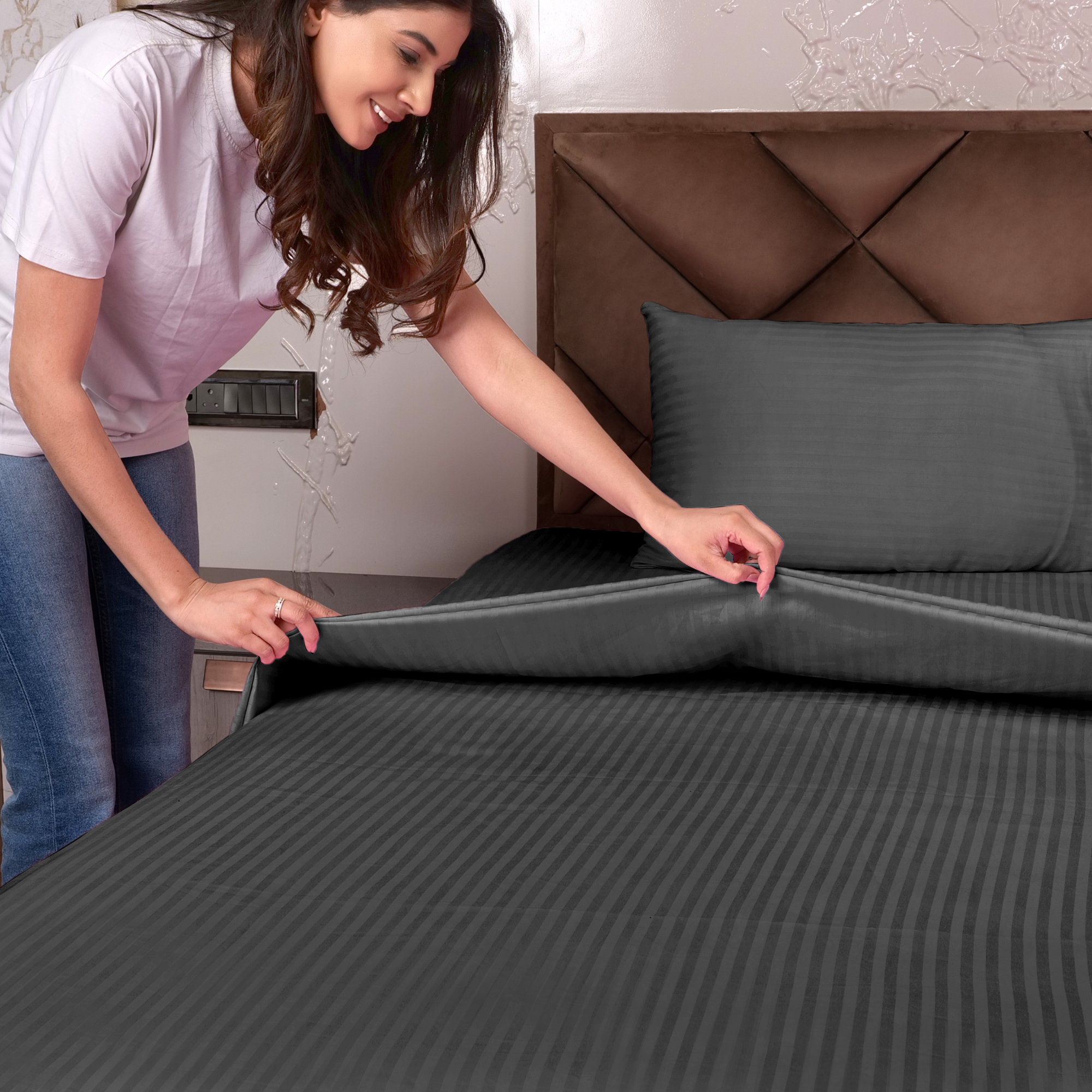 Grey Satin Stripe Flat Bedsheet with Pillow Cover