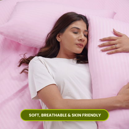 Pink Satin Stripe Flat Bedsheet with Pillow Cover