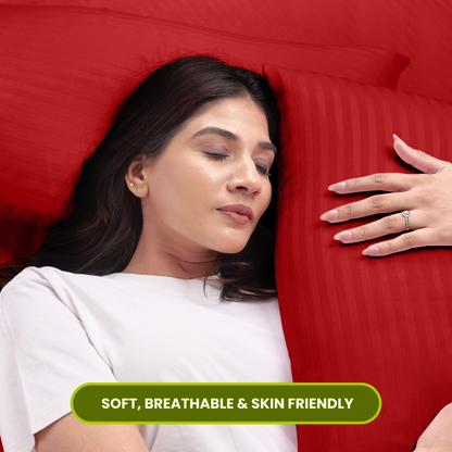 Red Satin Stripe Fitted Bedsheet with Pillow Cover