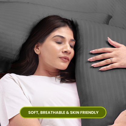 Grey Satin Stripe Fitted Bedsheet with Pillow Cover