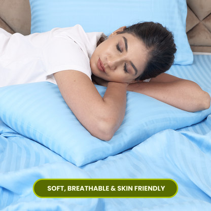 Sky Blue Satin Stripe Flat Bedsheet with Pillow Cover