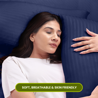 Dark Blue Satin Stripe Flat Bedsheet with Pillow Cover