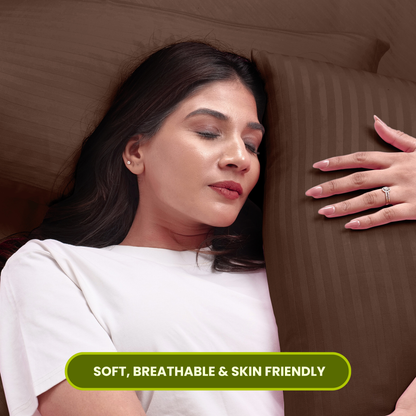 Brown Satin Stripe Fitted Bedsheet with Pillow Cover