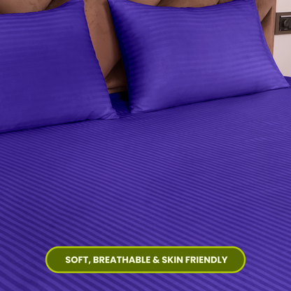 Navy Blue Satin Stripe Fitted Bedsheet with Pillow Cover