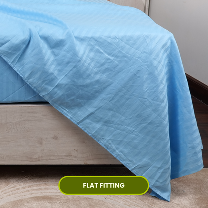 Sky Blue Satin Stripe Flat Bedsheet with Pillow Cover