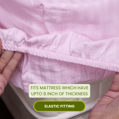 Pink Satin Stripe Fitted Bedsheet with Pillow Cover