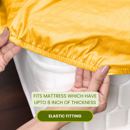 Golden Satin Stripe Fitted Bedsheet with Pillow Cover