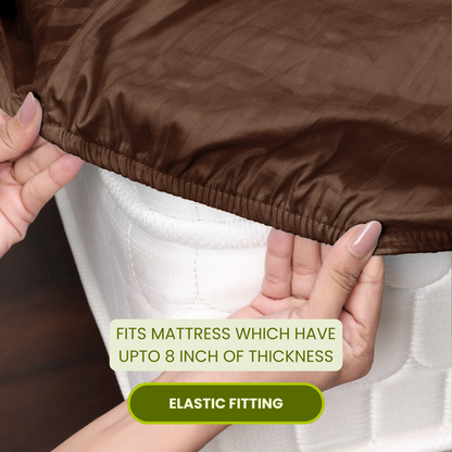 Brown Satin Stripe Fitted Bedsheet with Pillow Cover