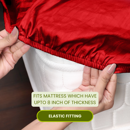 Red Satin Stripe Fitted Bedsheet with Pillow Cover