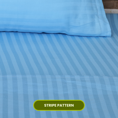 Sky Blue Satin Stripe Flat Bedsheet with Pillow Cover