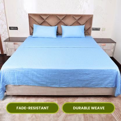 Sky Blue Satin Stripe Flat Bedsheet with Pillow Cover