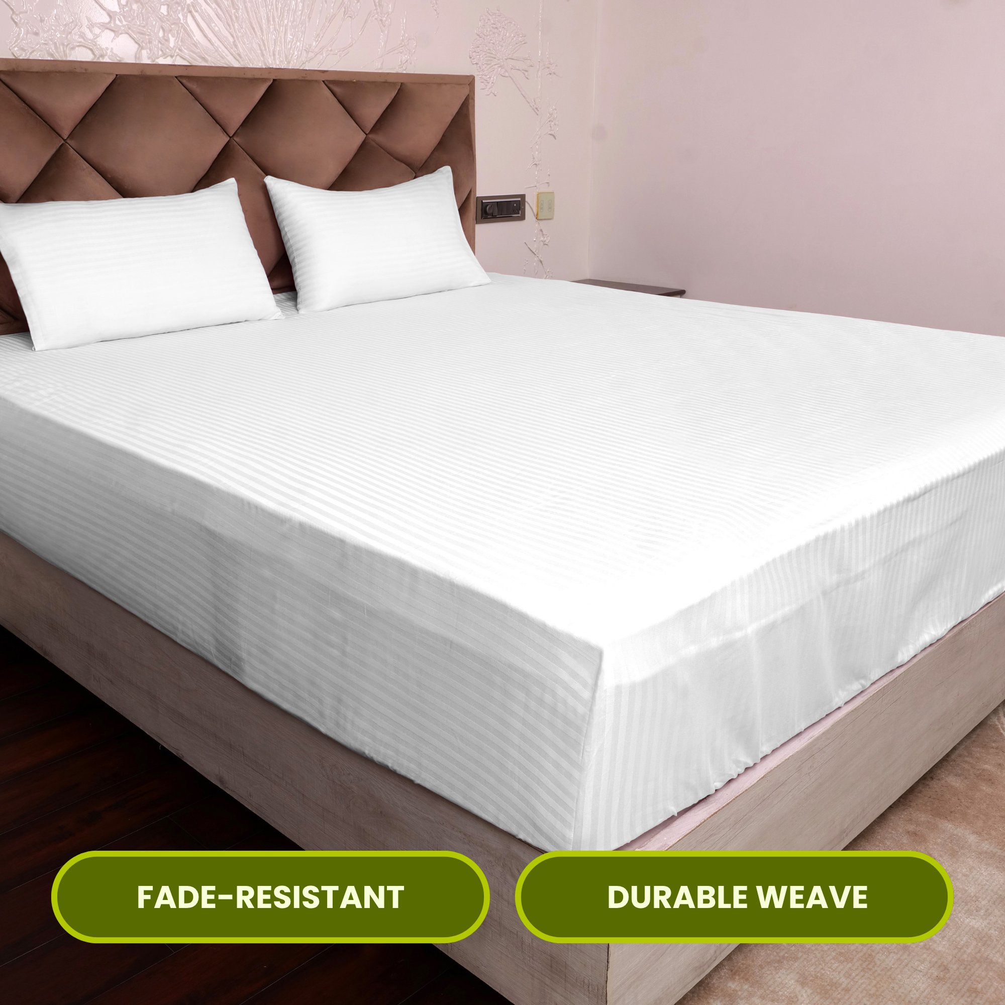 White Satin Stripe Fitted Bedsheet with Pillow Cover