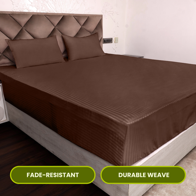 Brown Satin Stripe Fitted Bedsheet with Pillow Cover