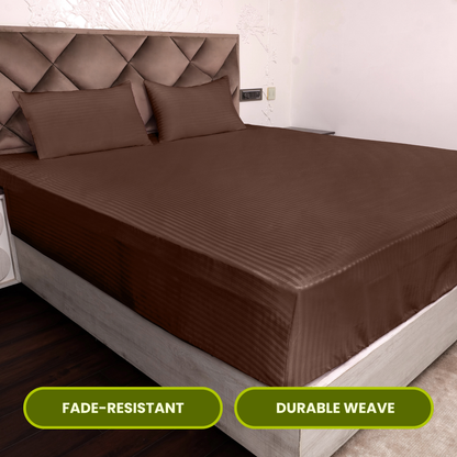 Brown Satin Stripe Fitted Bedsheet with Pillow Cover