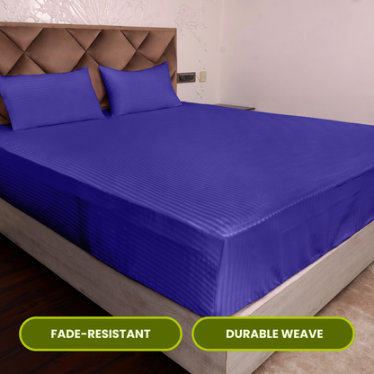 Navy Blue Satin Stripe Fitted Bedsheet with Pillow Cover