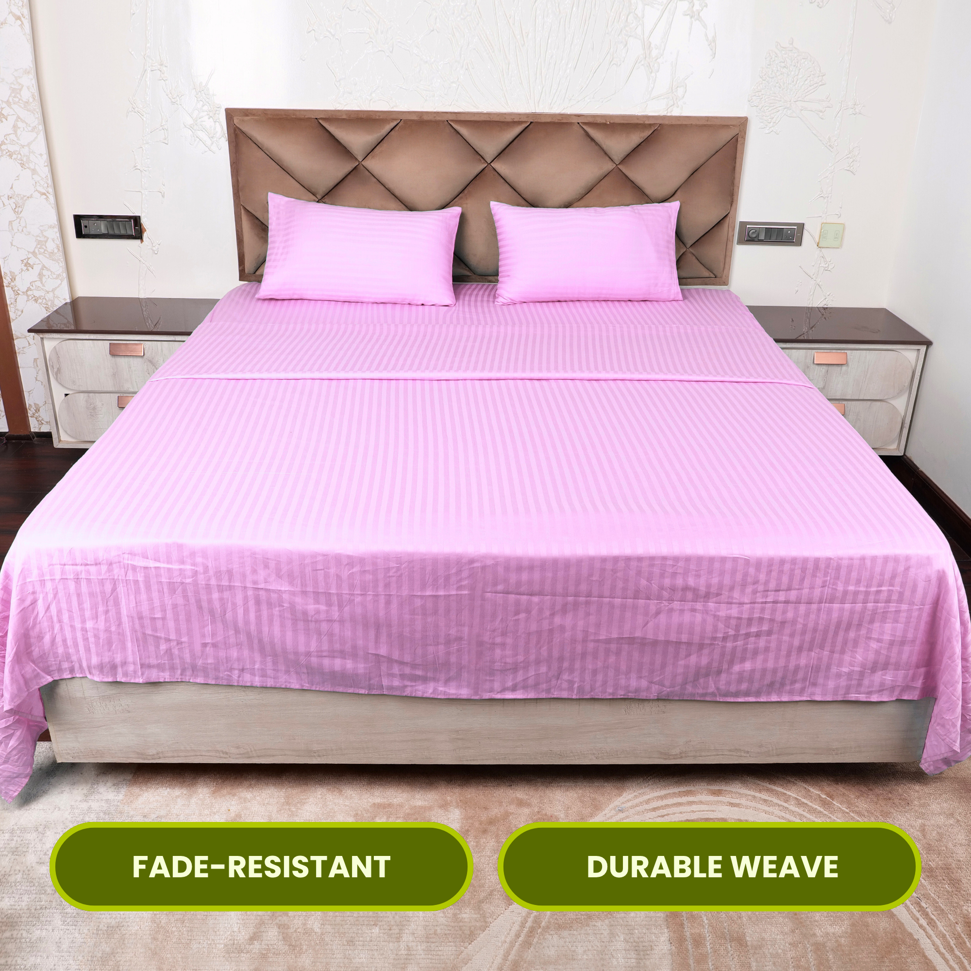 Pink Satin Stripe Flat Bedsheet with Pillow Cover