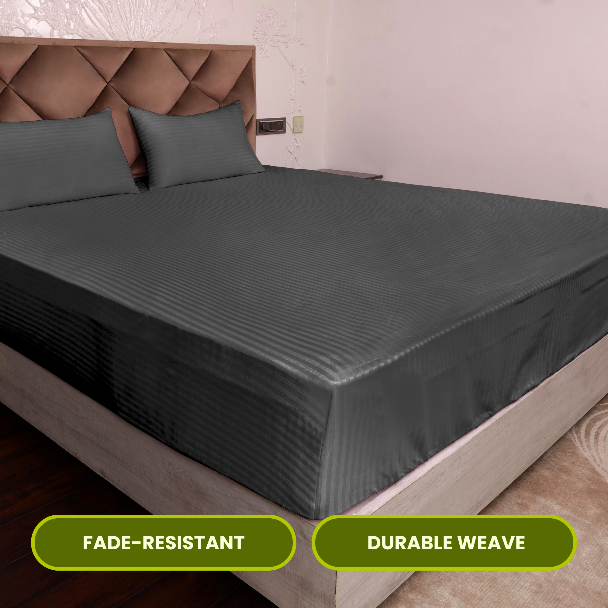 Grey Satin Stripe Fitted Bedsheet with Pillow Cover