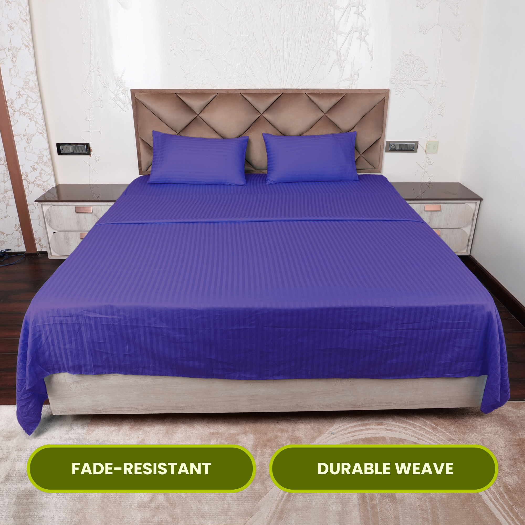 Navy Blue Satin Stripe Flat Bedsheet with Pillow Cover