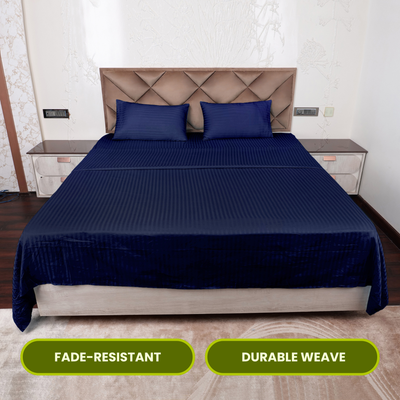 Dark Blue Satin Stripe Flat Bedsheet with Pillow Cover