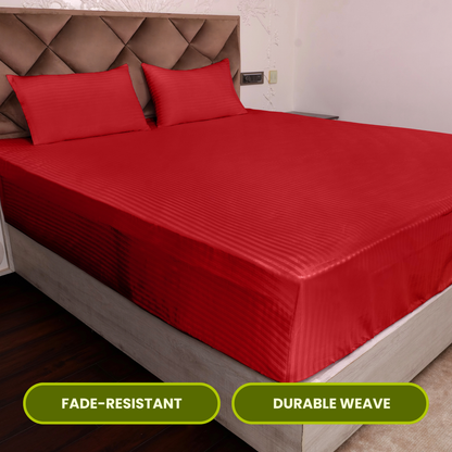 Red Satin Stripe Fitted Bedsheet with Pillow Cover