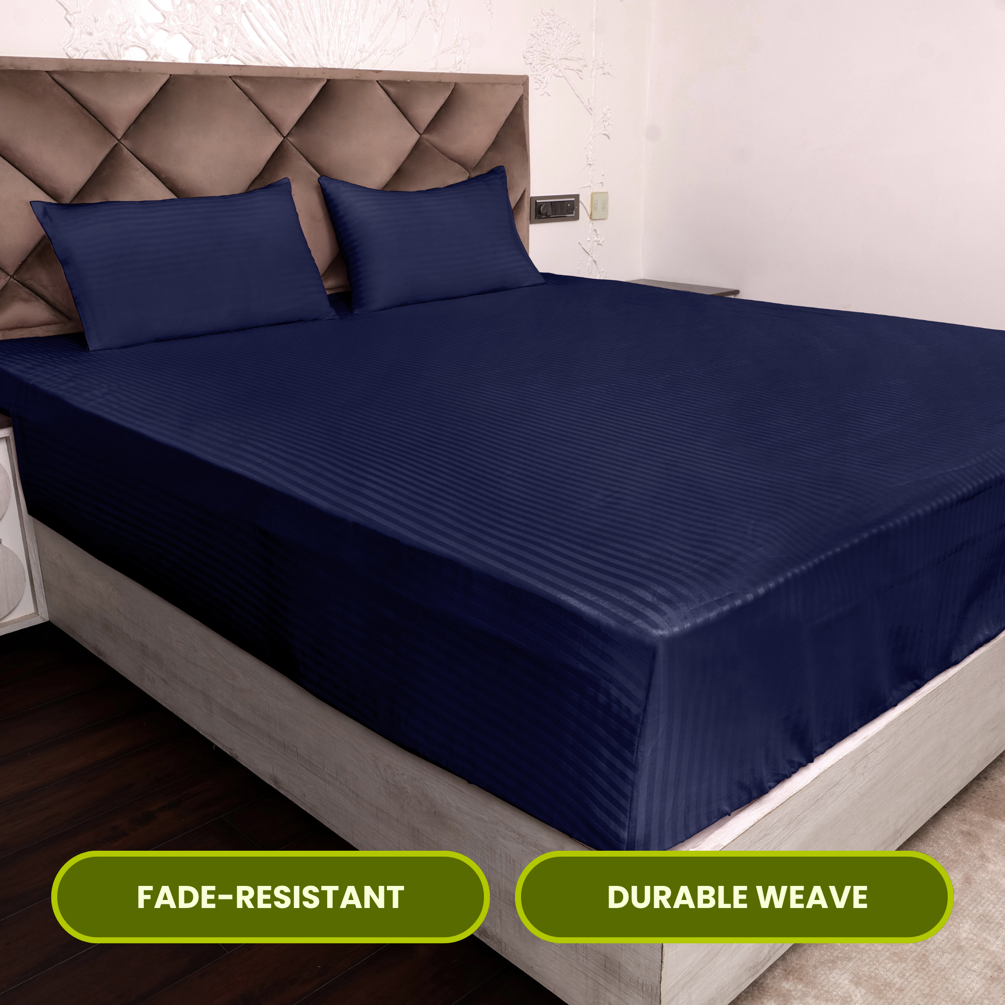 Dark Blue Satin Stripe Fitted Bedsheet with Pillow Cover