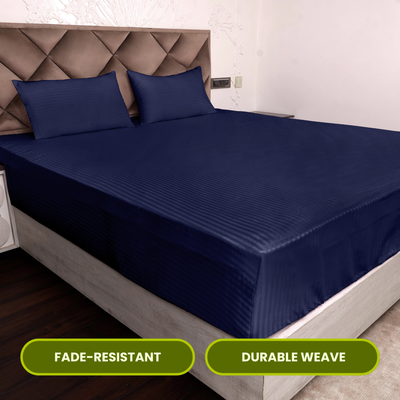 Dark Blue Satin Stripe Fitted Bedsheet with Pillow Cover