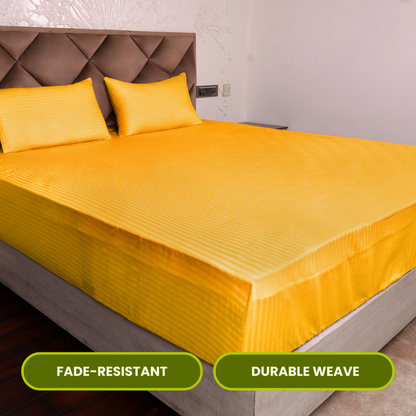 Golden Satin Stripe Fitted Bedsheet with Pillow Cover